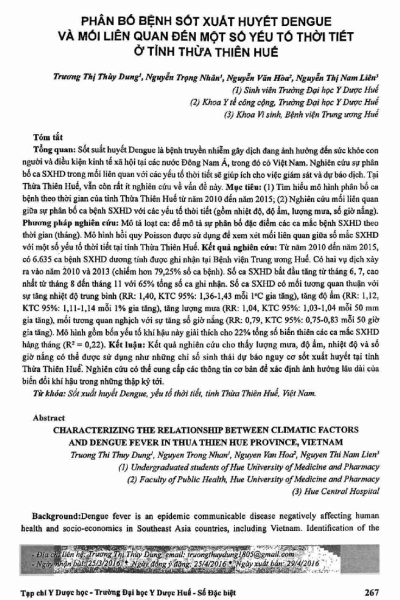 Phân bố bệnh sốt xuất huyết dengue và mối liên quan đến một số yếu tố thời tiết ở tỉnh Thừa Thiên Huế