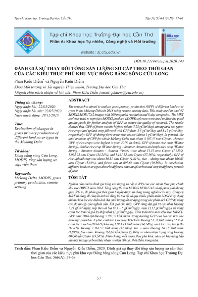 Đánh giá sự thay đổi tổng sản lượng sơ cấp theo thời gian của các kiểu thực phủ khu vực Đồng bằng sông Cửu Long