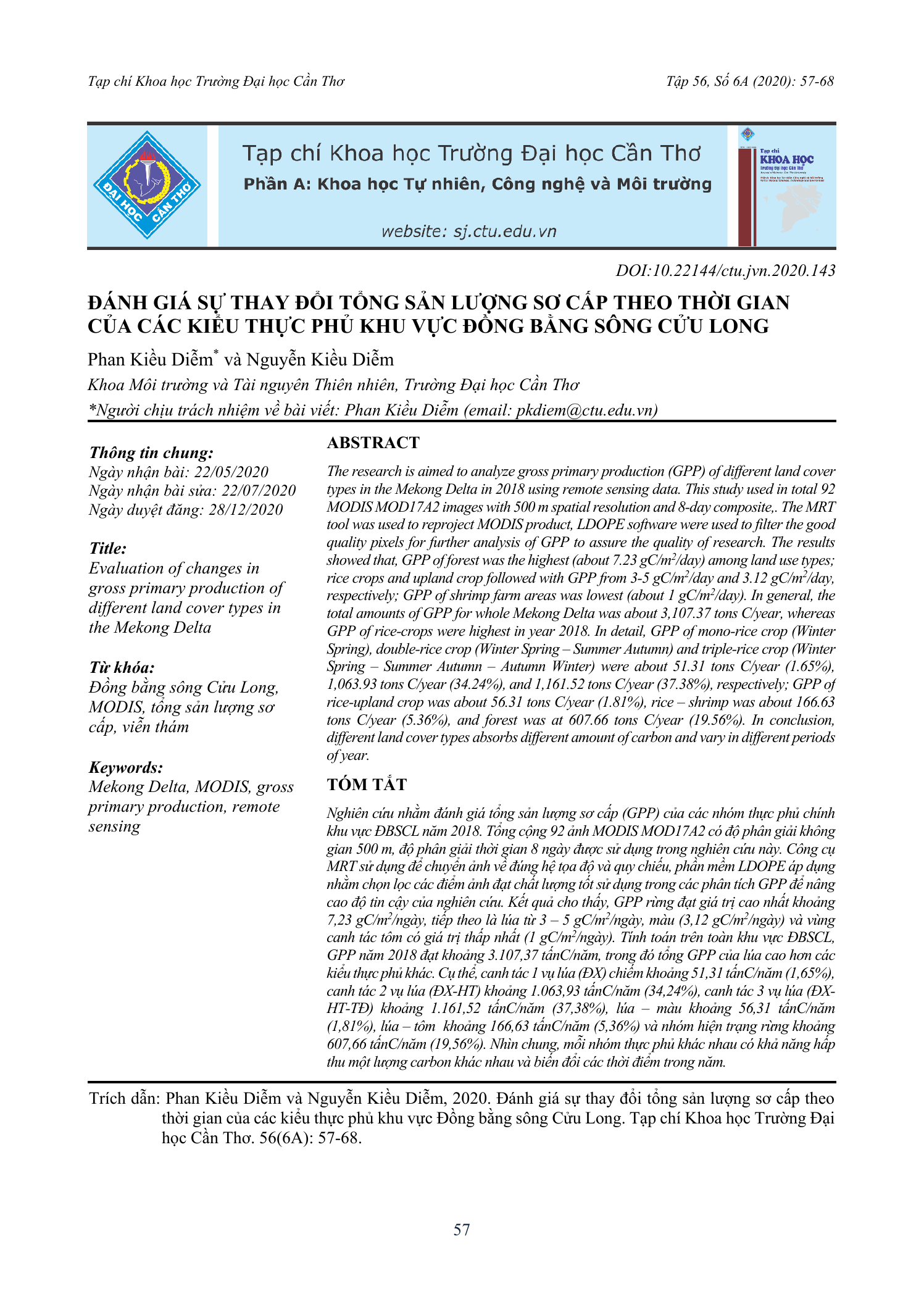 Đánh giá sự thay đổi tổng sản lượng sơ cấp theo thời gian của các kiểu thực phủ khu vực Đồng bằng sông Cửu Long