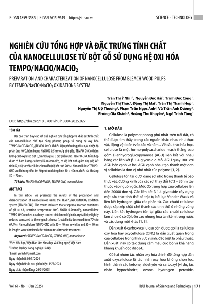 Nghiên cứu tổng hợp và đặc trưng tính chất của nanocellulose từ bột gỗ sử dụng hệ oxi hóa TEMPO/NaClO/NaClO₂