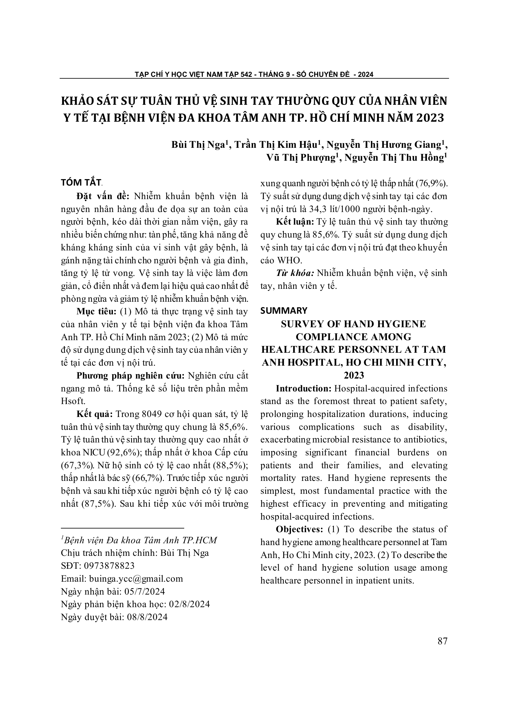 Khảo sát sự tuân thủ vệ sinh tay thường quy của nhân viên y tế tại Bệnh viện Đa khoa Tâm Anh Tp. Hồ Chí Minh năm 2023
