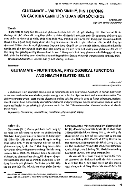 Glutamate - Vai trò sinh lý, dinh dưỡng và các khía cạnh liên quan đến sức khỏe