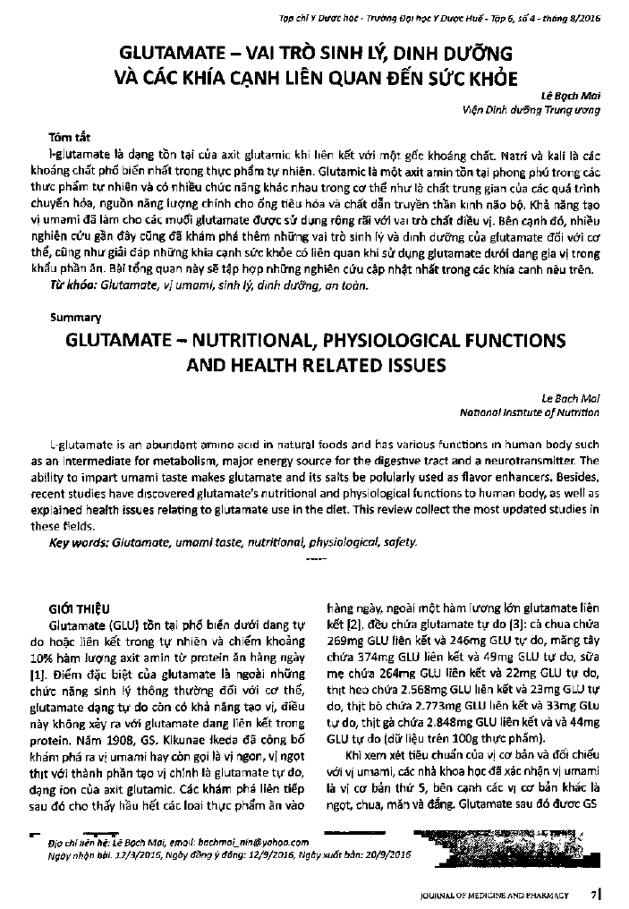 Glutamate - Vai trò sinh lý, dinh dưỡng và các khía cạnh liên quan đến sức khỏe