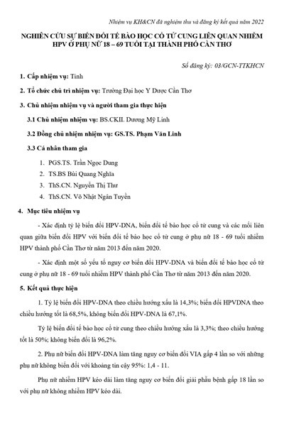 Nghiên cứu sự biến đổi tế bào học cổ tử cung liên quan nhiễm hpv ở phụ nữ 18 – 69 tuổi tại thành phố Cần Thơ (2022)