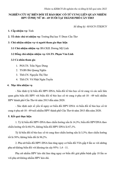Nghiên cứu sự biến đổi tế bào học cổ tử cung liên quan nhiễm hpv ở phụ nữ 18 – 69 tuổi tại thành phố Cần Thơ (2022)