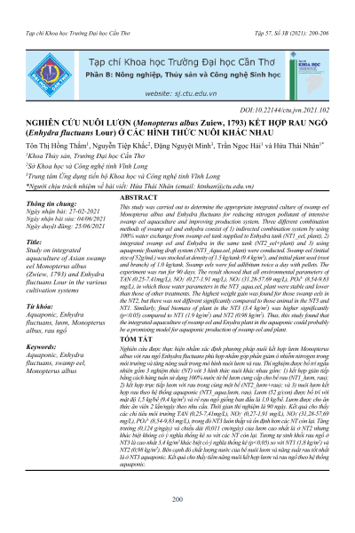 Nghiên cứu nuôi lươn (Monopterus albus) kết hợp rau ngổ (Enhydra fluctuans) ở các hình thức nuôi khác nhau