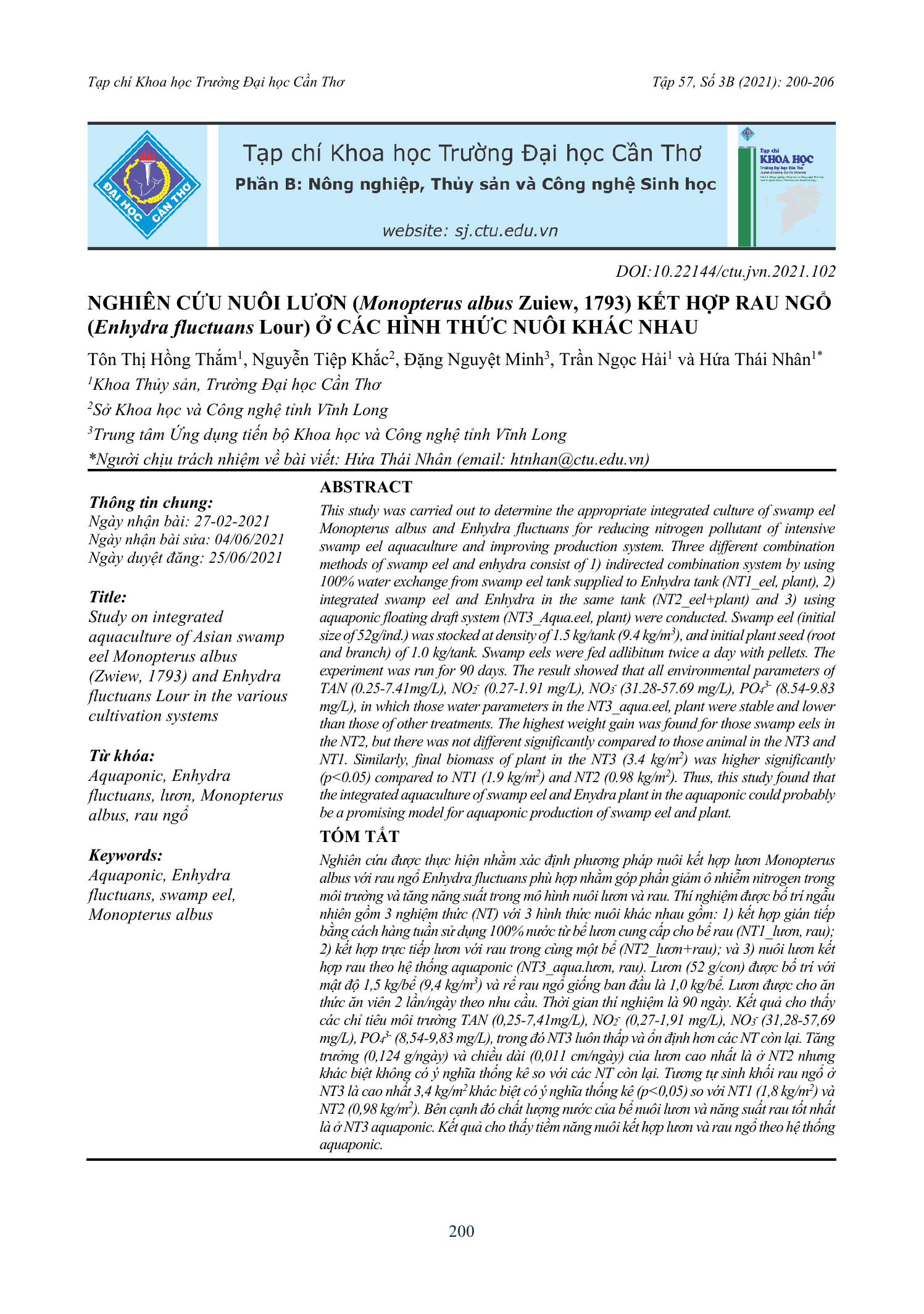 Nghiên cứu nuôi lươn (Monopterus albus) kết hợp rau ngổ (Enhydra fluctuans) ở các hình thức nuôi khác nhau