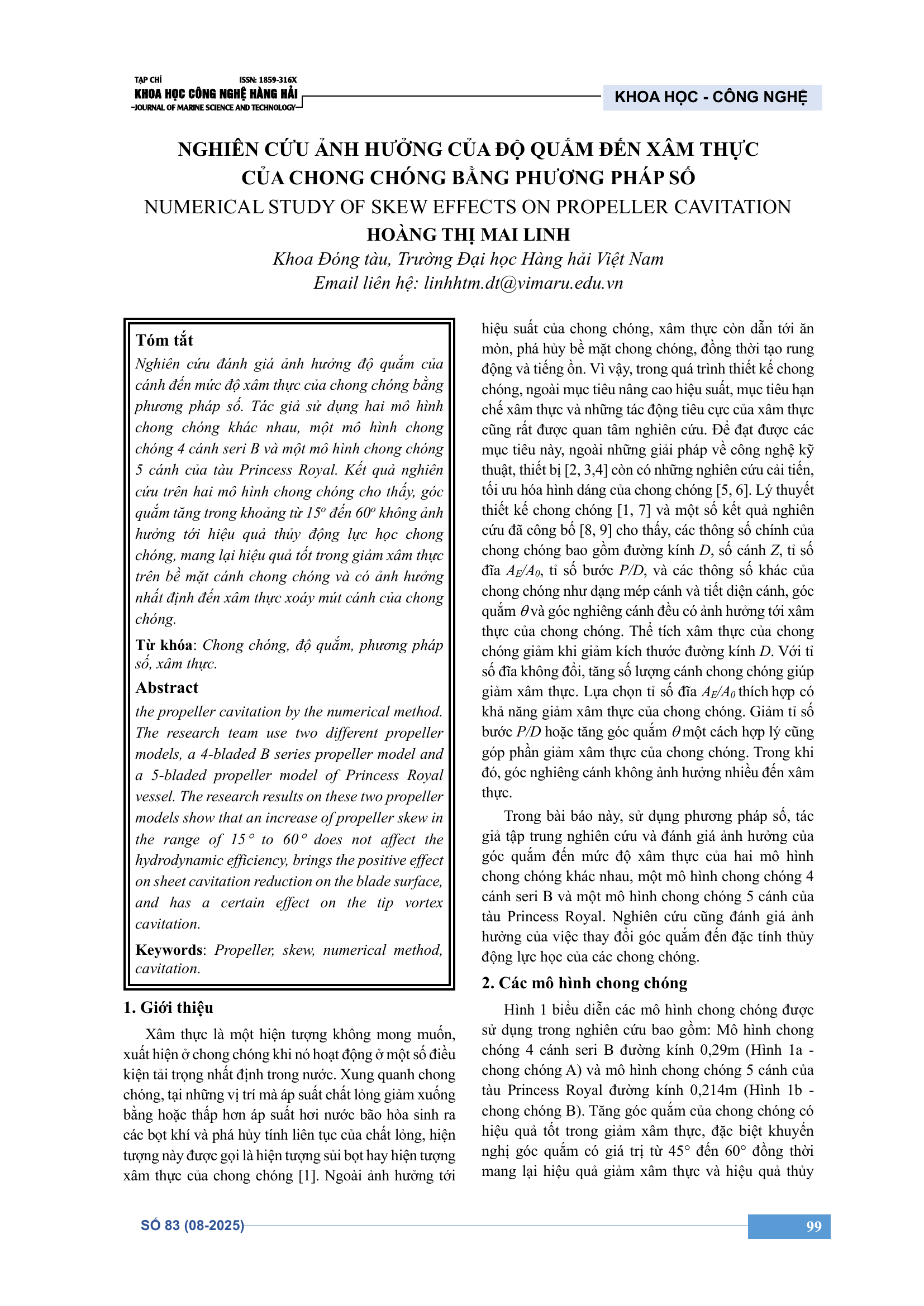 Nghiên cứu ảnh hưởng của độ quắm đến xâm thực của chong chóng bằng phương pháp số