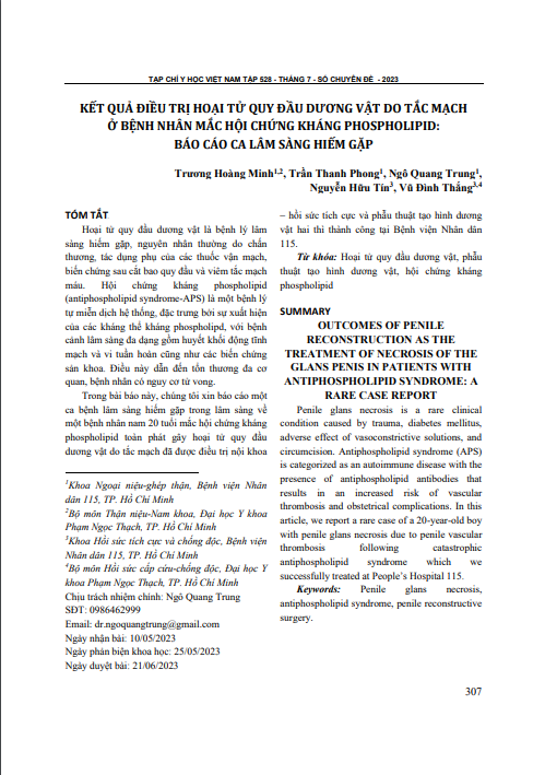 Kết quả điều trị hoại tử quy đầu dương vật do tắc mạch ở bệnh nhân mắc hội chứng kháng Phospholipid: Báo cáo ca lâm sàng hiếm gặp