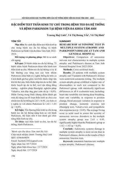 Đặc điểm test thần kinh tự chủ trong bệnh teo đa hệ thống và bệnh Parkinson tại Bệnh viện Đa khoa Tâm Anh