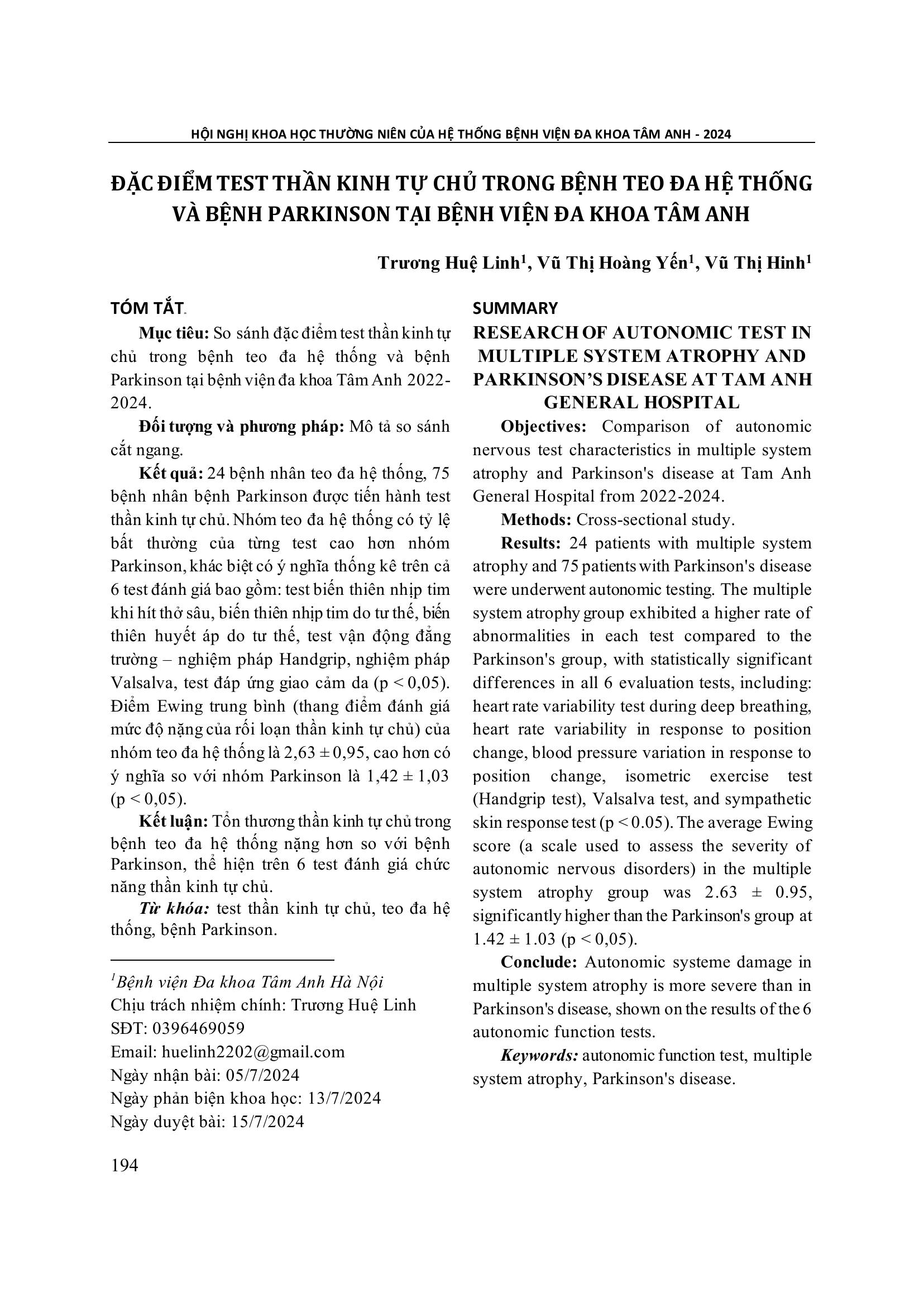 Đặc điểm test thần kinh tự chủ trong bệnh teo đa hệ thống và bệnh Parkinson tại Bệnh viện Đa khoa Tâm Anh