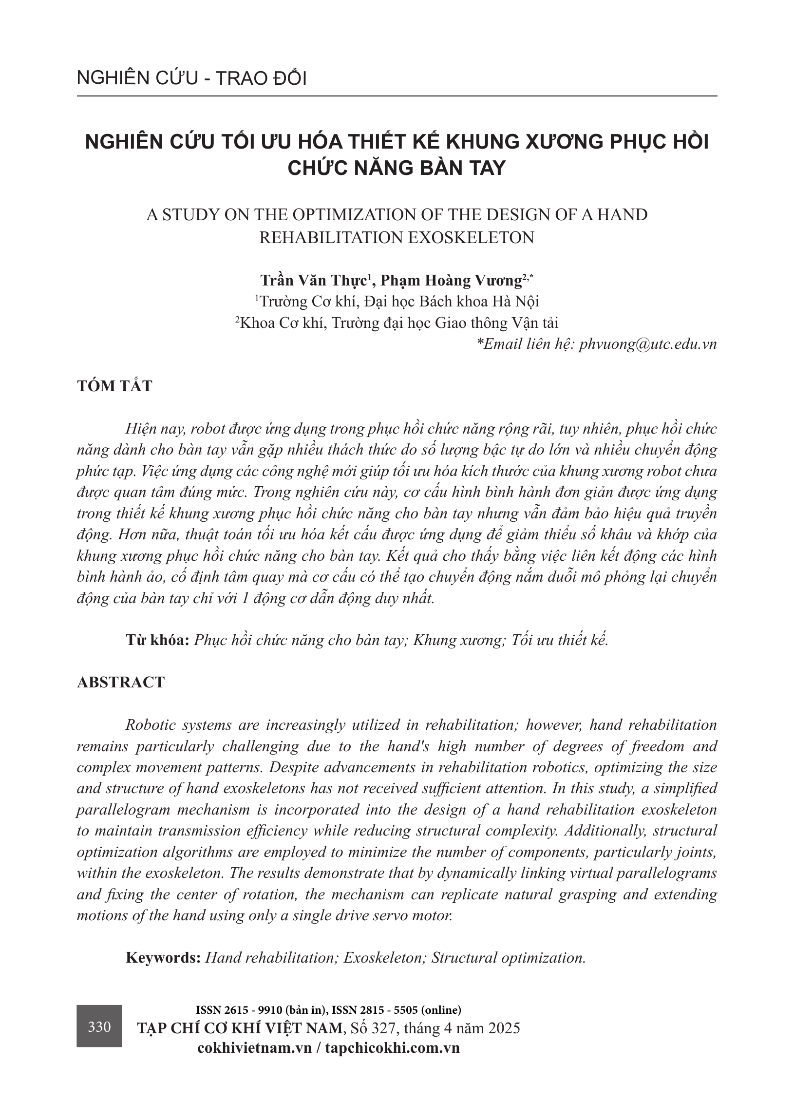 Nghiên cứu tối ưu hóa thiết kế khung xương phục hồi chức năng bàn tay