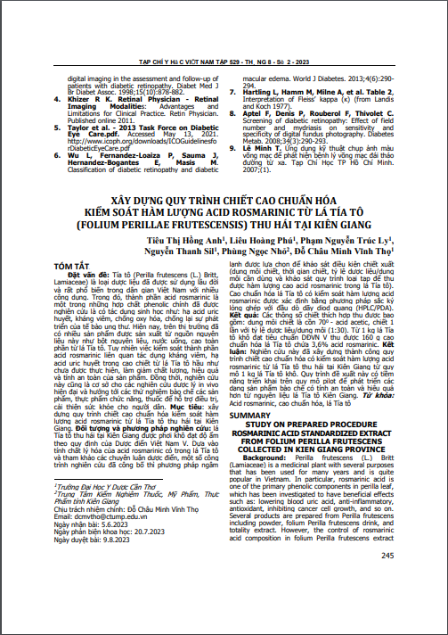 Xây dựng quy trình chiết cao chuẩn hóa kiểm soát hàm lượng acid rosmarinic từ lá tía tô (Folium perillae Frutescensis) thu hái tại Kiên Giang