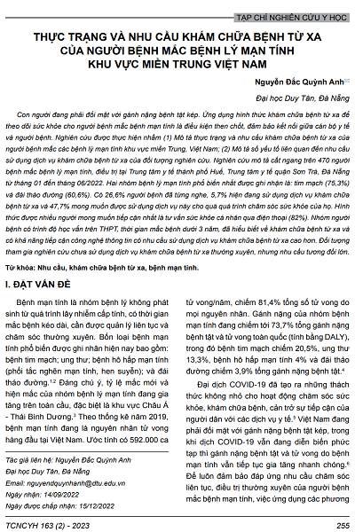 THỰC TRẠNG VÀ NHU CẦU KHÁM CHỮA BỆNH TỪ XA CỦA NGƯỜI BỆNH MẮC BỆNH LÝ MẠN TÍNH KHU VỰC MIỀN TRUNG VIỆT NAM