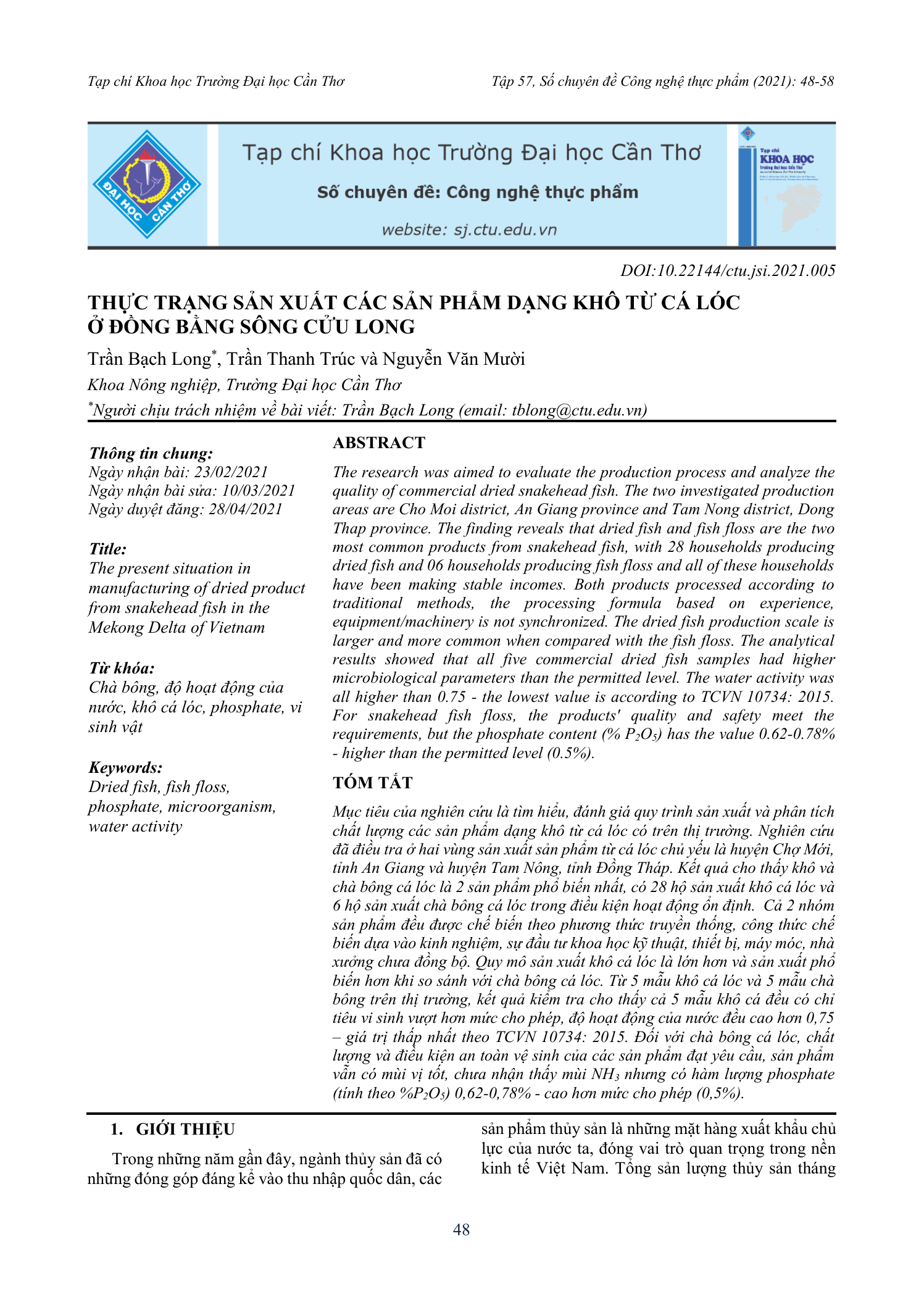 Thực trạng sản xuất các sản phẩm dạng khô từ cá lóc ở đồng bằng sông Cửu Long