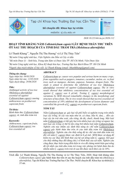 Hoạt tính kháng nấm Colletotrichum capsici gây bệnh thán thư trên ớt sau thu hoạch của tinh dầu tràm trà (Melaleuca alternifolia)
