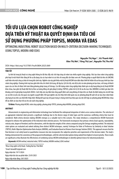 Tối ưu lựa chọn robot công nghiệp dựa trên kỹ thuật ra quyết định đa tiêu chí sử dụng phương pháp TOPSIS, MOORA và EDAS