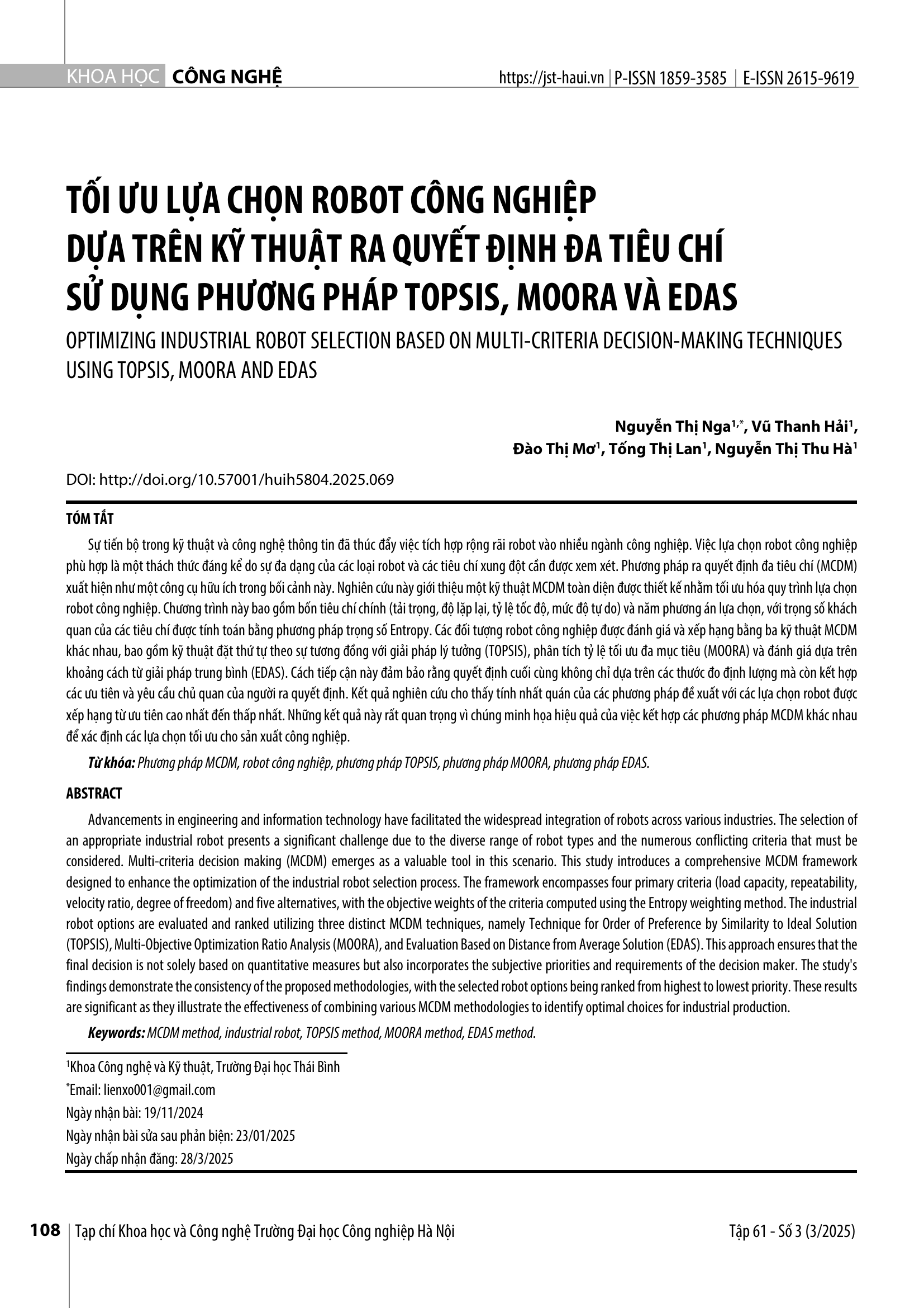 Tối ưu lựa chọn robot công nghiệp dựa trên kỹ thuật ra quyết định đa tiêu chí sử dụng phương pháp TOPSIS, MOORA và EDAS