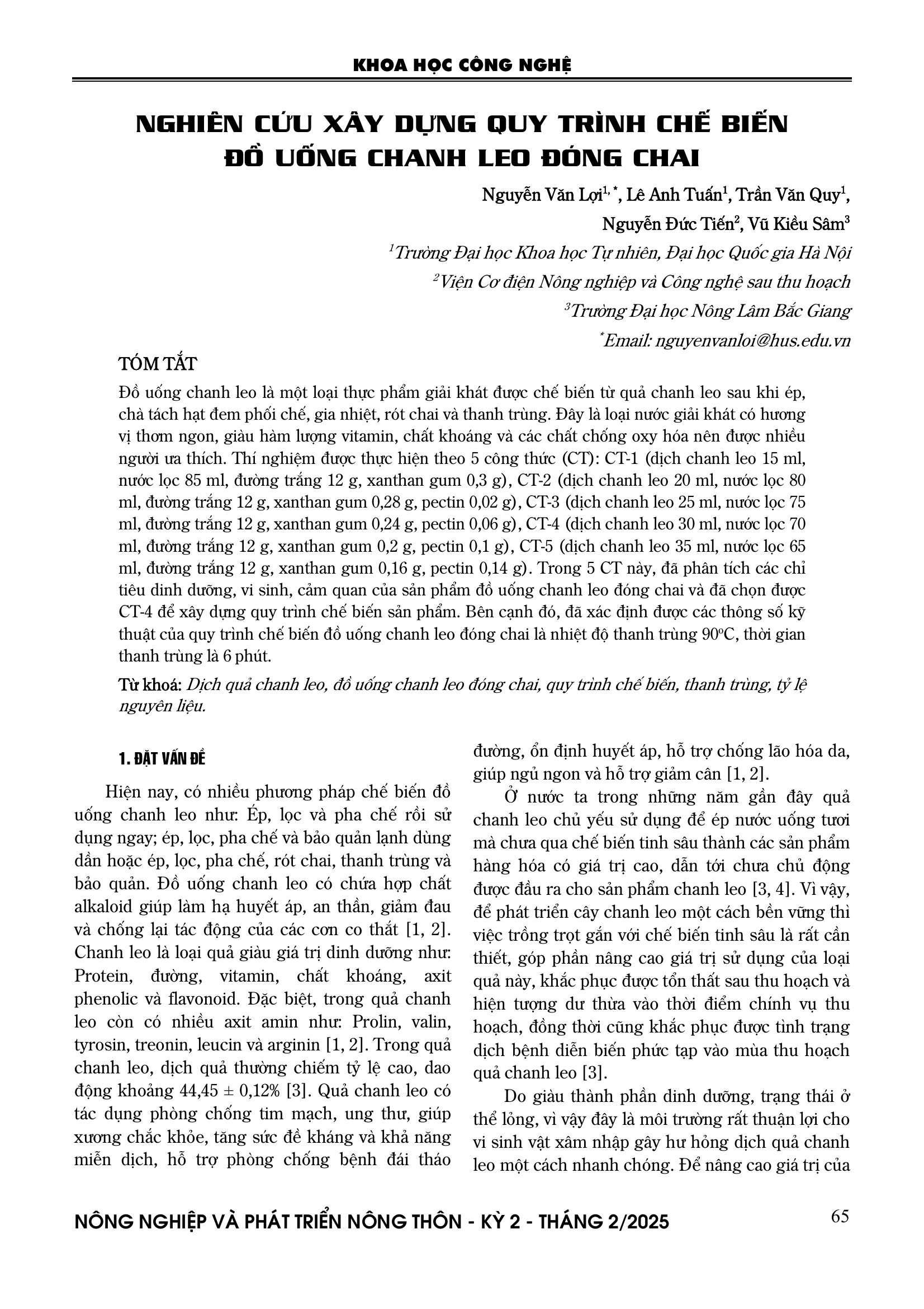 Nghiên cứu xây dựng quy trình chế biến đồ uống chanh leo đóng chai