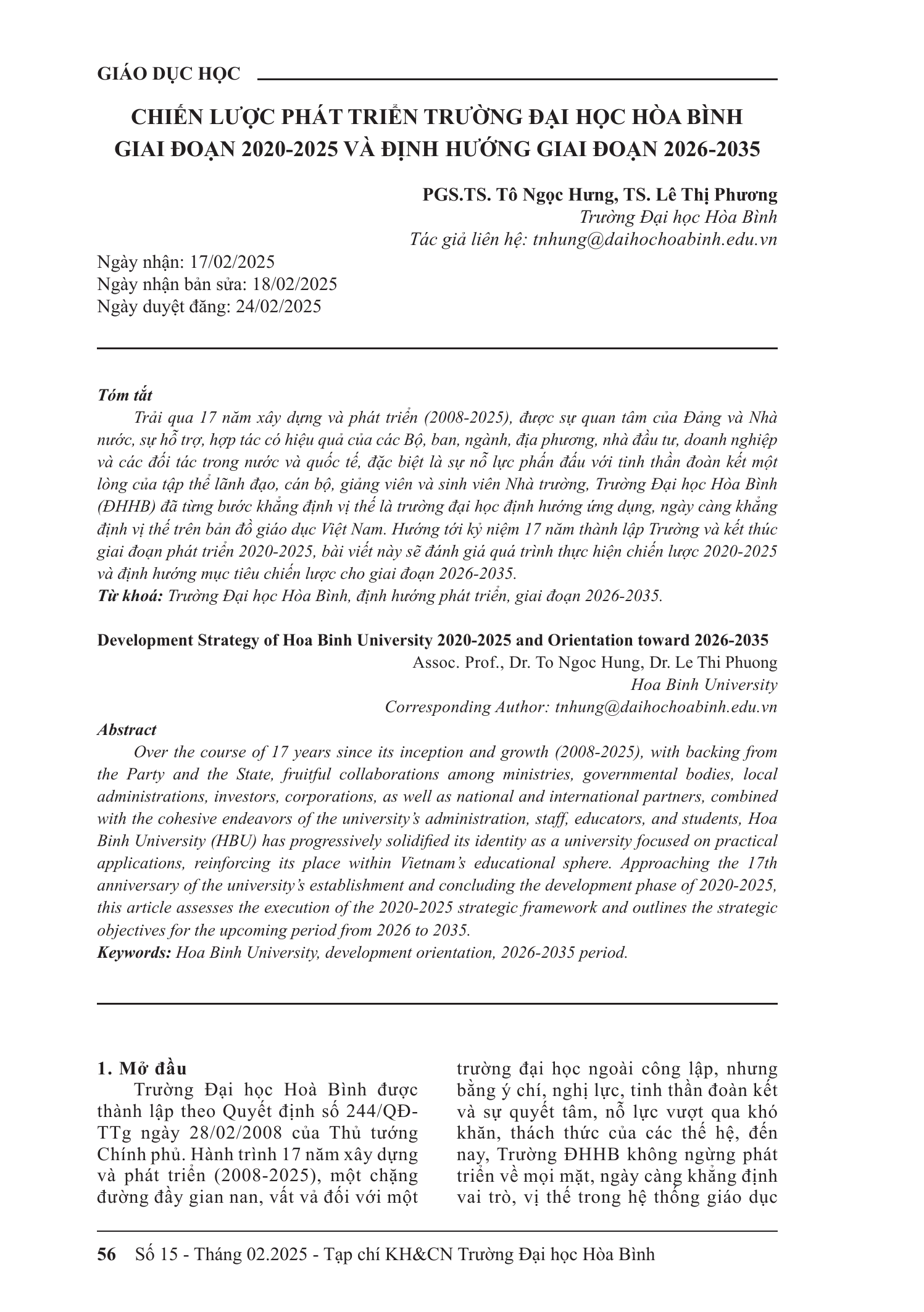 Chiến lược phát triển Trường Đại học Hòa Bình giai đoạn 2020–2025 và định hướng giai đoạn 2026–2035
