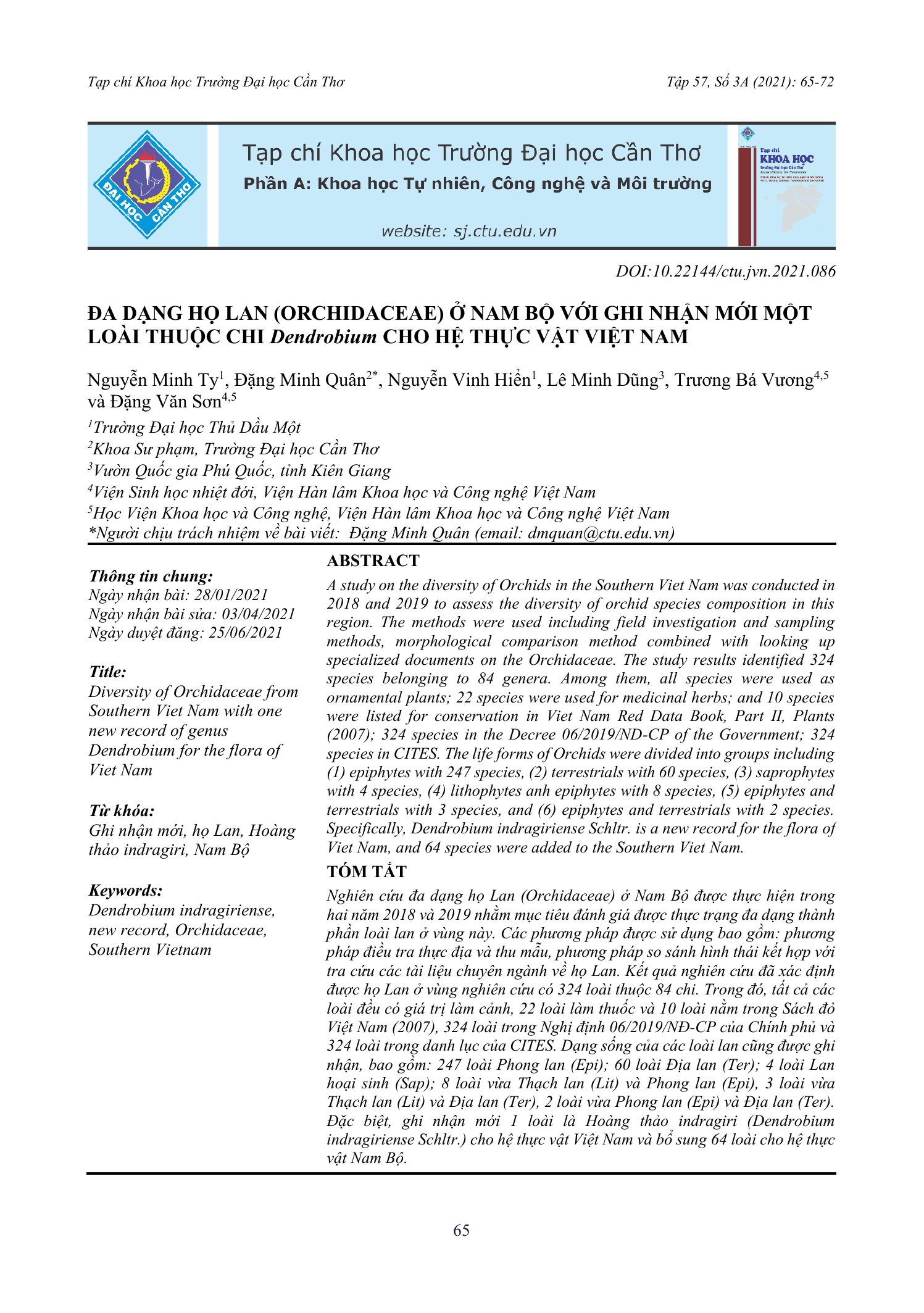 Đa dạng họ Lan (Orchidaceae) ở Nam Bộ với ghi nhận mới một loài thuộc chi Dendrobium cho hệ thực vật Việt Nam