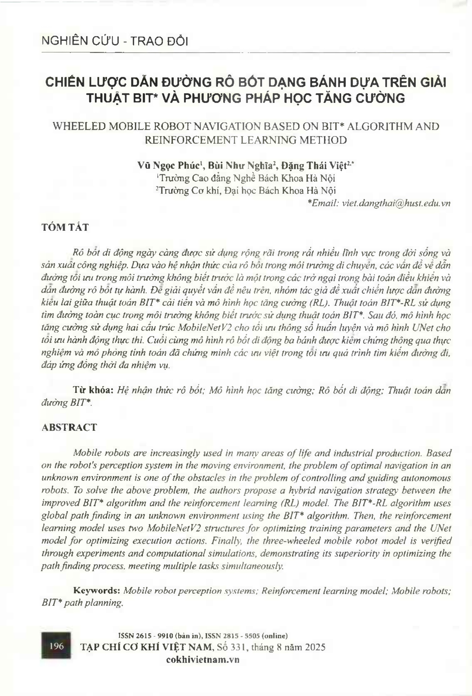 Chiến lược dẫn đường rô bốt dạng bánh dựa trên giải thuật BIT* và phương pháp học tăng cường