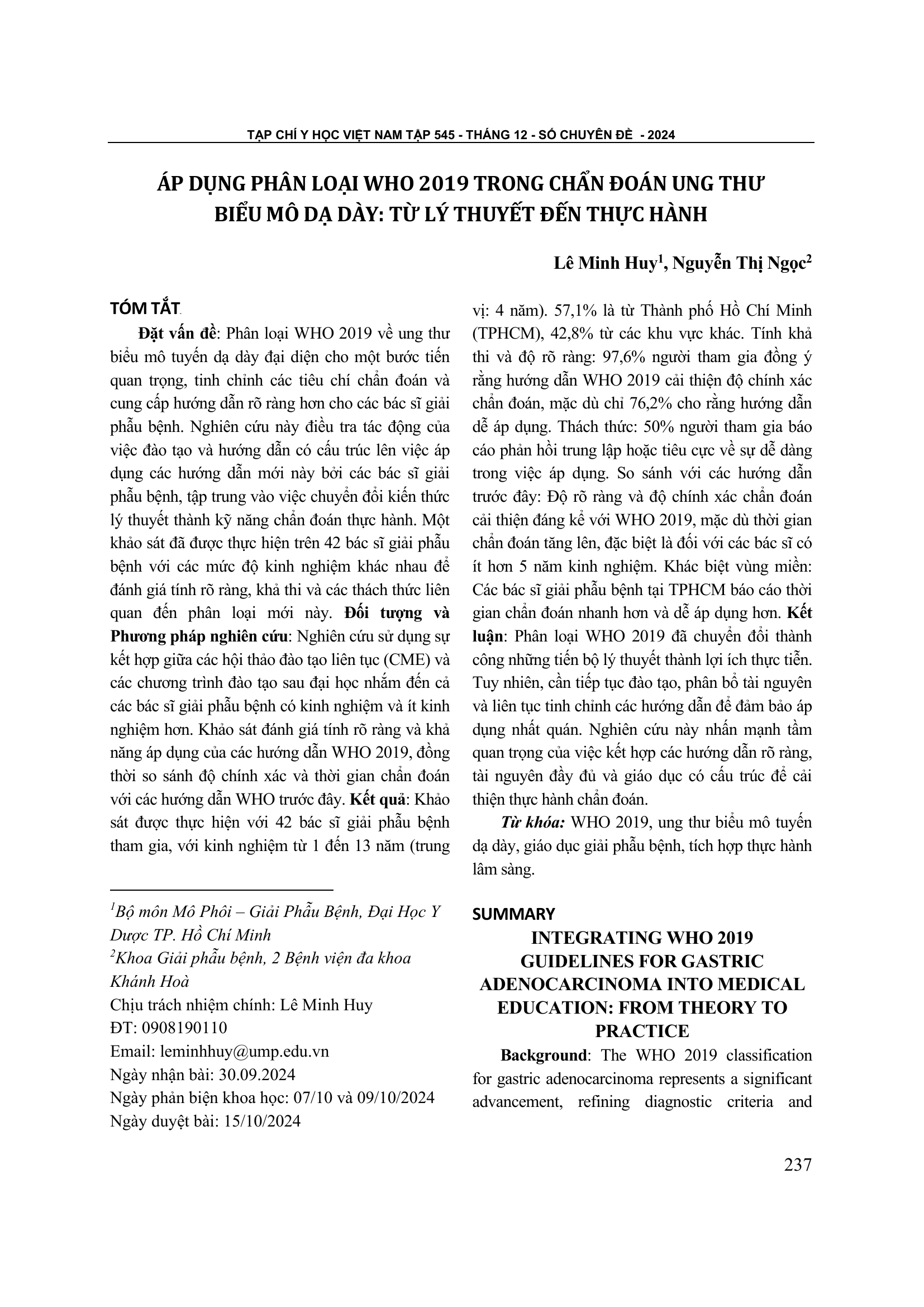 Áp dụng phân loại WHO 2019 trong chẩn đoán ung thư biểu mô dạ dày: Từ lý thuyết đến thực hành