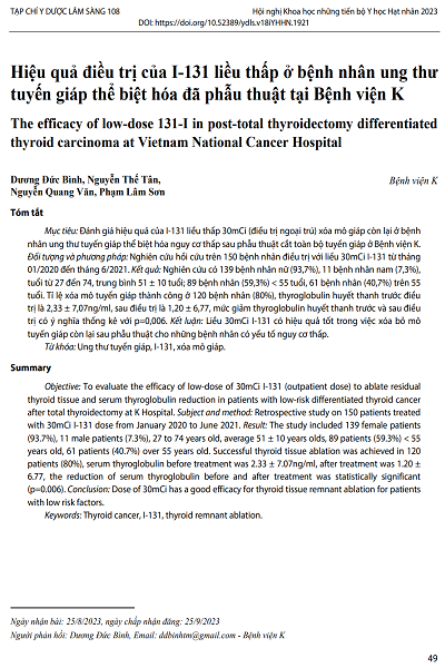 Hiệu quả điều trị của I-131 liều thấp ở bệnh nhân ung thư tuyến giáp thể biệt hóa đã phẫu thuật tại Bệnh viện K
