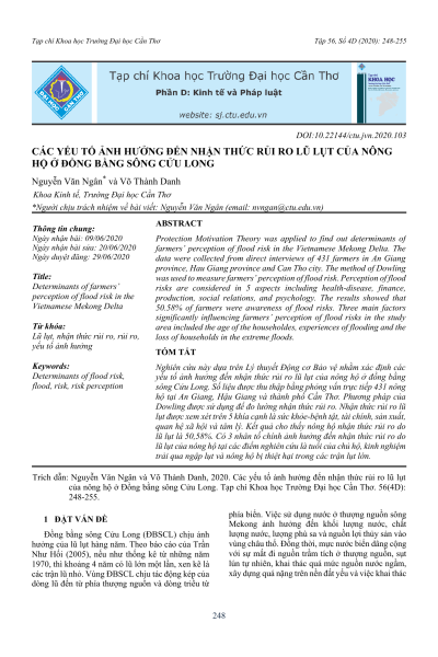 Các yếu tố ảnh hưởng đến nhận thức rủi ro lũ lụt của nông hộ ở Đồng bằng sông Cửu Long