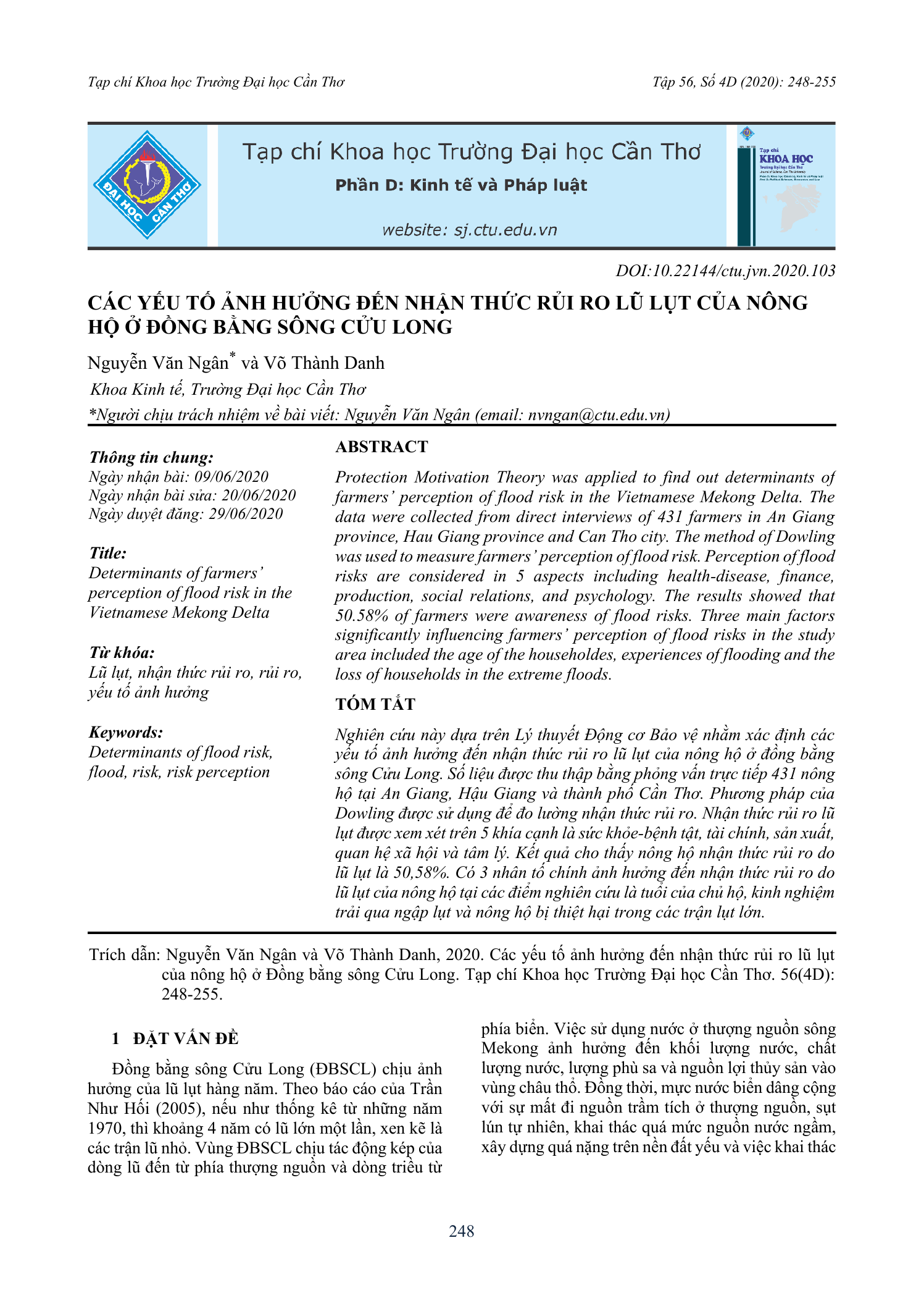 Các yếu tố ảnh hưởng đến nhận thức rủi ro lũ lụt của nông hộ ở Đồng bằng sông Cửu Long