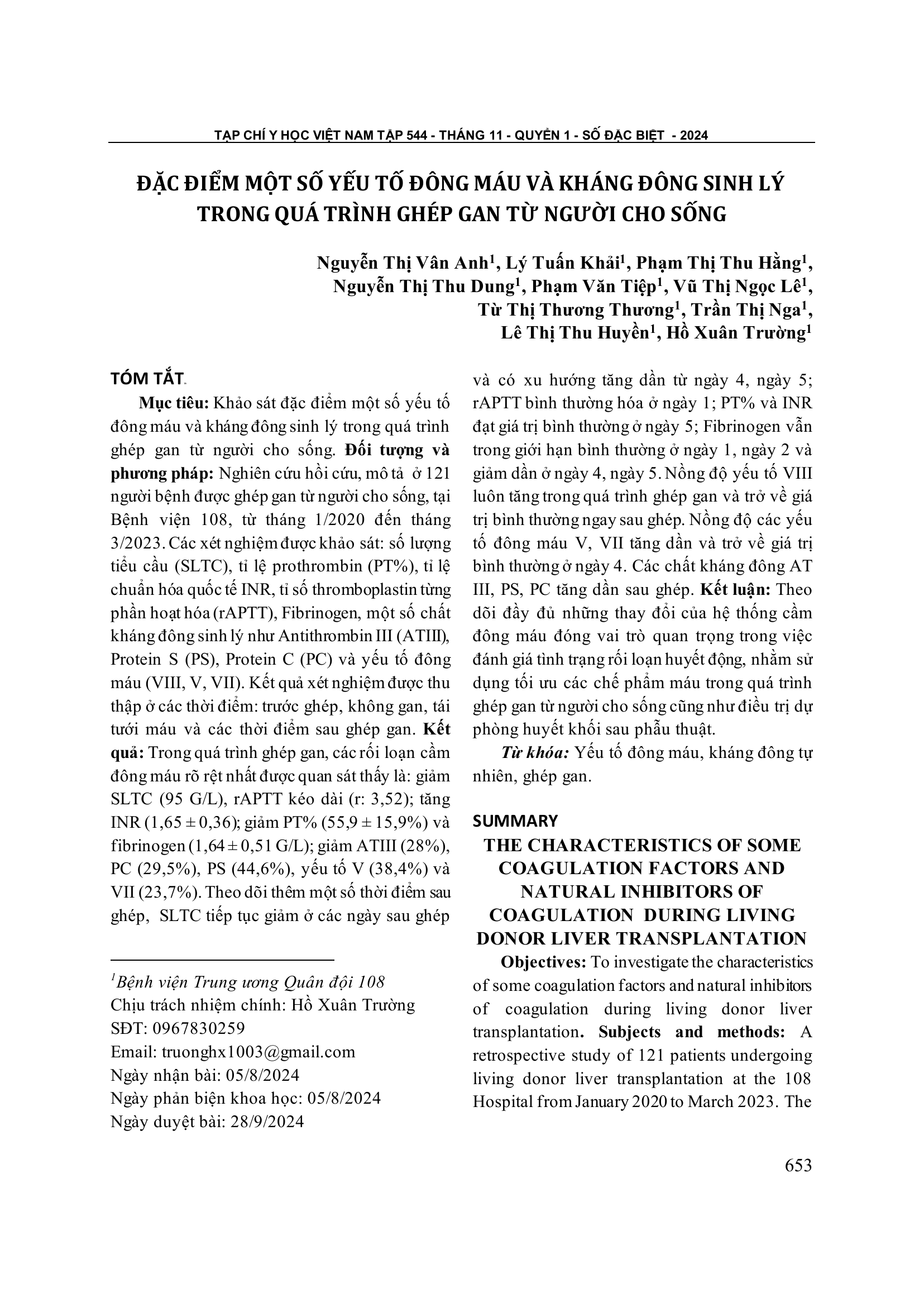 Đặc điểm một số yếu tố đông máu và kháng đông sinh lý trong quá trình ghép gan từ người cho sống