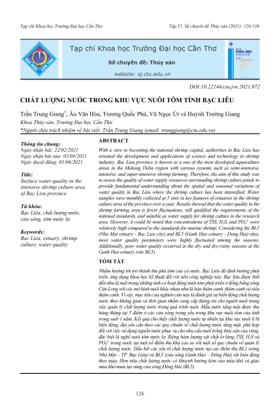 Chất lượng nước trong khu vực nuôi tôm tỉnh Bạc Liêu