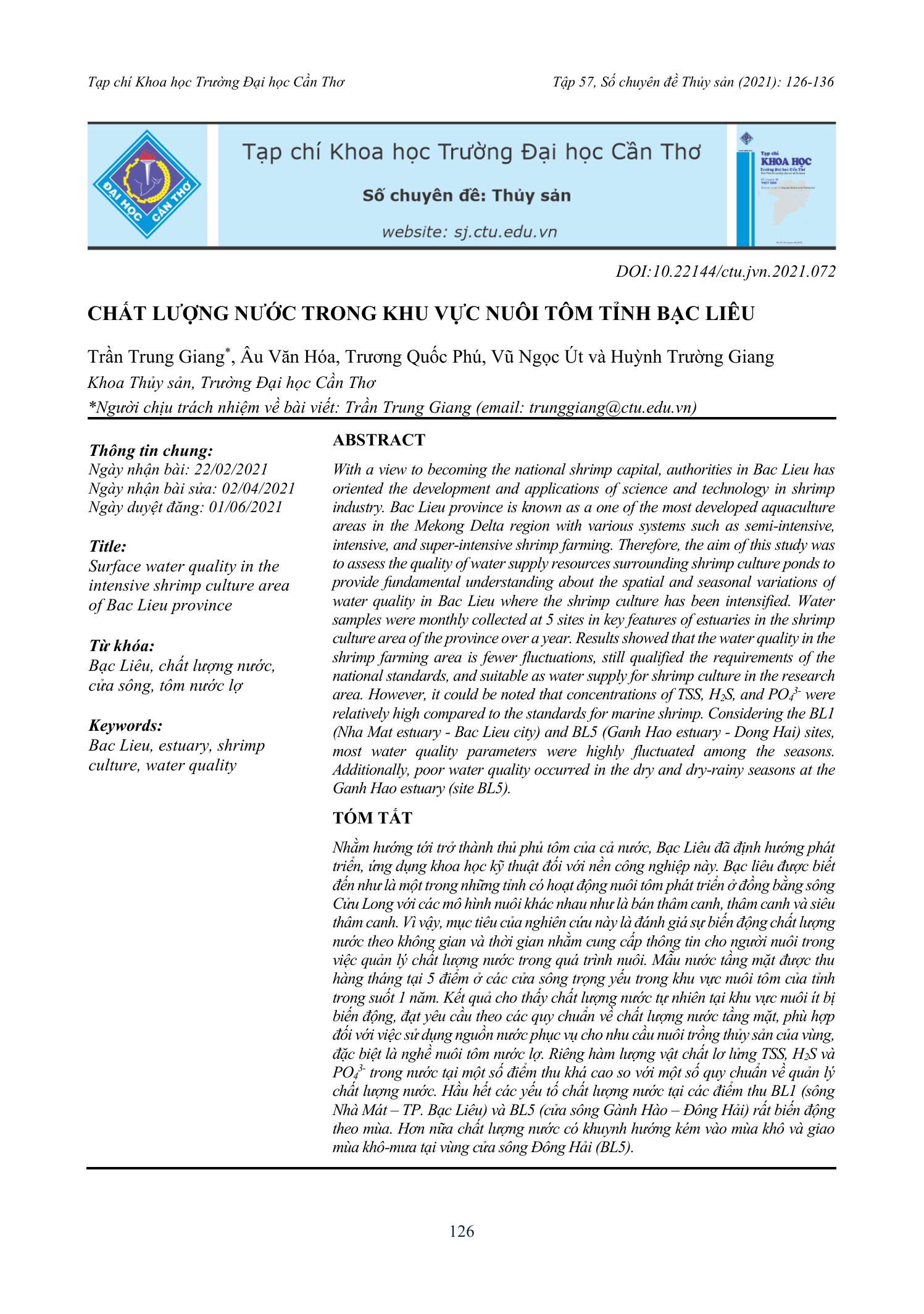 Chất lượng nước trong khu vực nuôi tôm tỉnh Bạc Liêu