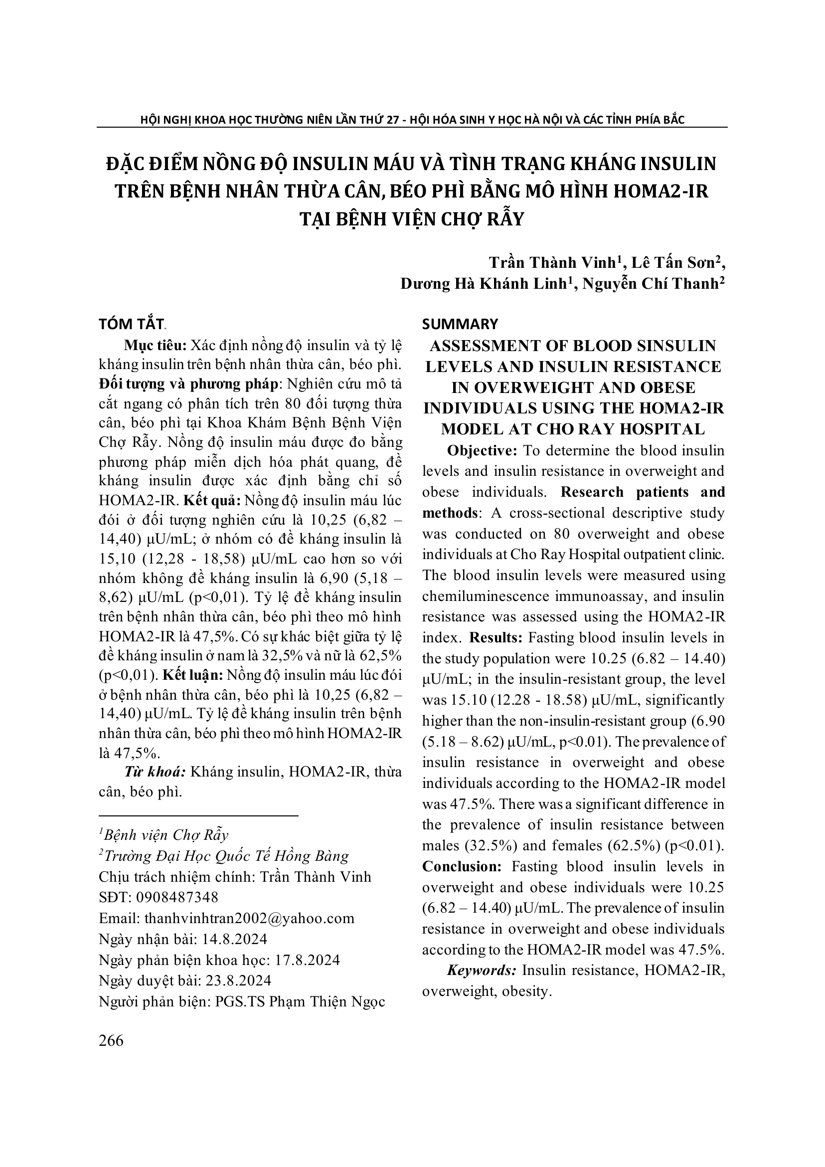 Đặc điểm nồng độ insulin máu và tình trạng kháng insulin trên bệnh nhân thừa cân, béo phì bằng mô hình HOMA2-IR tại Bệnh viện Chợ Rẫy