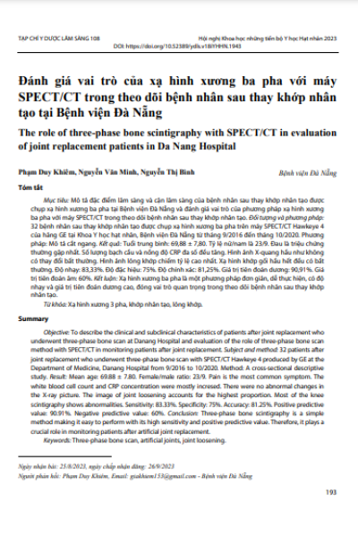 Đánh giá vai trò của xạ hình xương ba pha với máy SPECT/CT trong theo dõi bệnh nhân sau thay khớp nhân tạo tại Bệnh viện Đà Nẵng