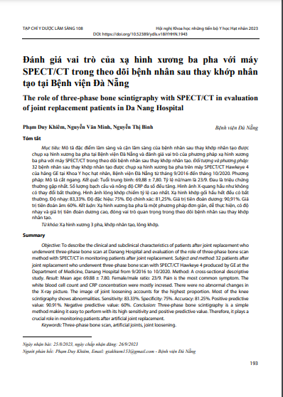 Đánh giá vai trò của xạ hình xương ba pha với máy SPECT/CT trong theo dõi bệnh nhân sau thay khớp nhân tạo tại Bệnh viện Đà Nẵng