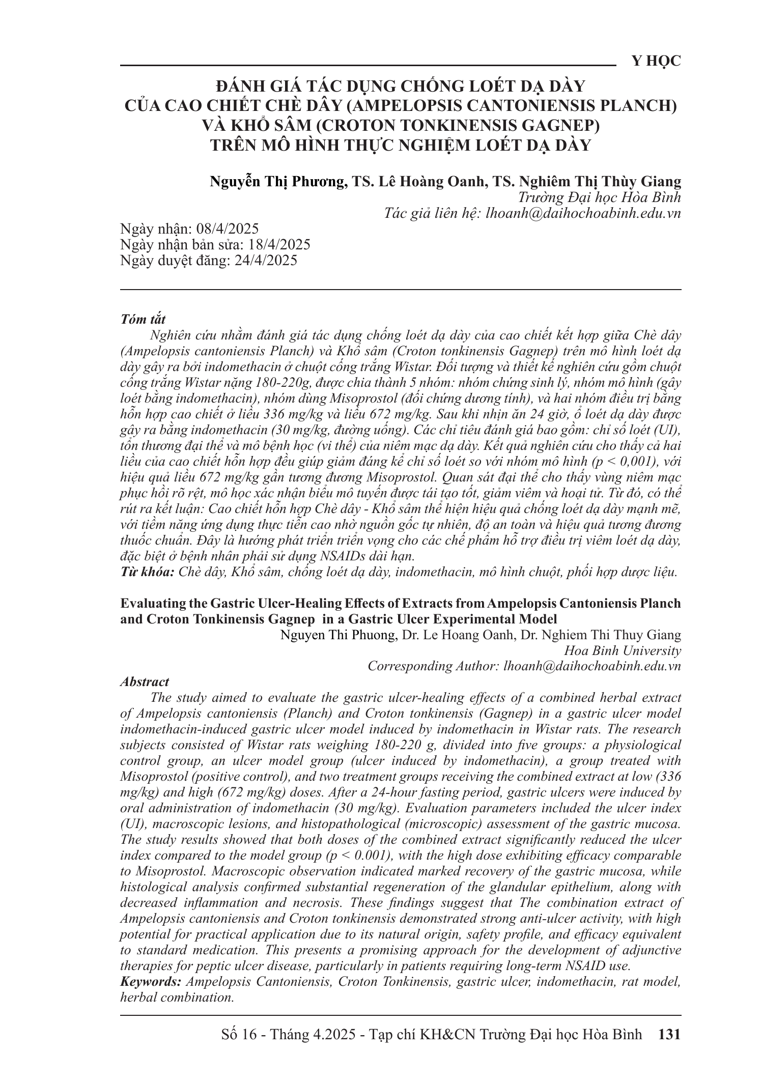 Đánh giá tác dụng chống loét dạ dày của cao chiết chè dây (ampelopsis cantoniensis planch) và khổ sâm (croton tonkinensis gagnep) trên mô hình thực nghiệm loét dạ dày
