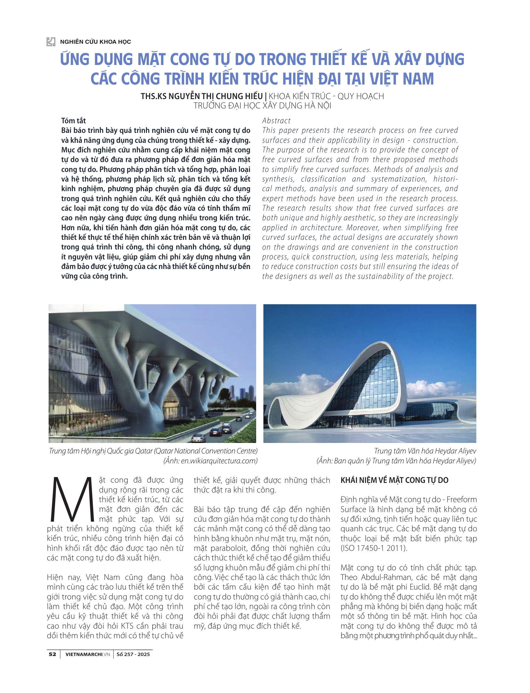 Ứng dụng mặt cong tự do trong thiết kế và xây dựng các công trình kiến trúc hiện đại tại Việt Nam