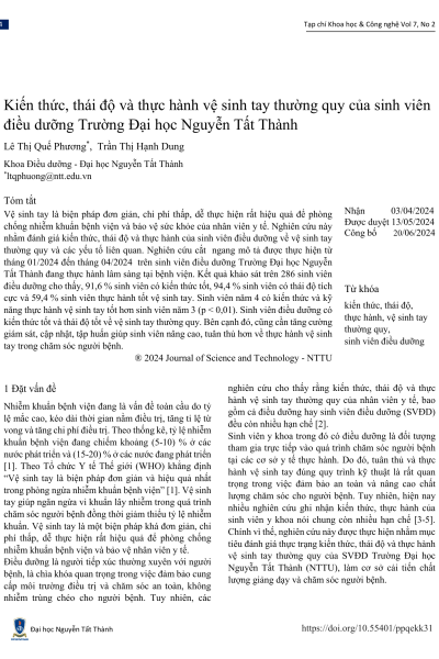 Kiến thức, thái độ và thực hành vệ sinh tay thường quy của sinh viên điều dưỡng Trường Đại học Nguyễn Tất Thành