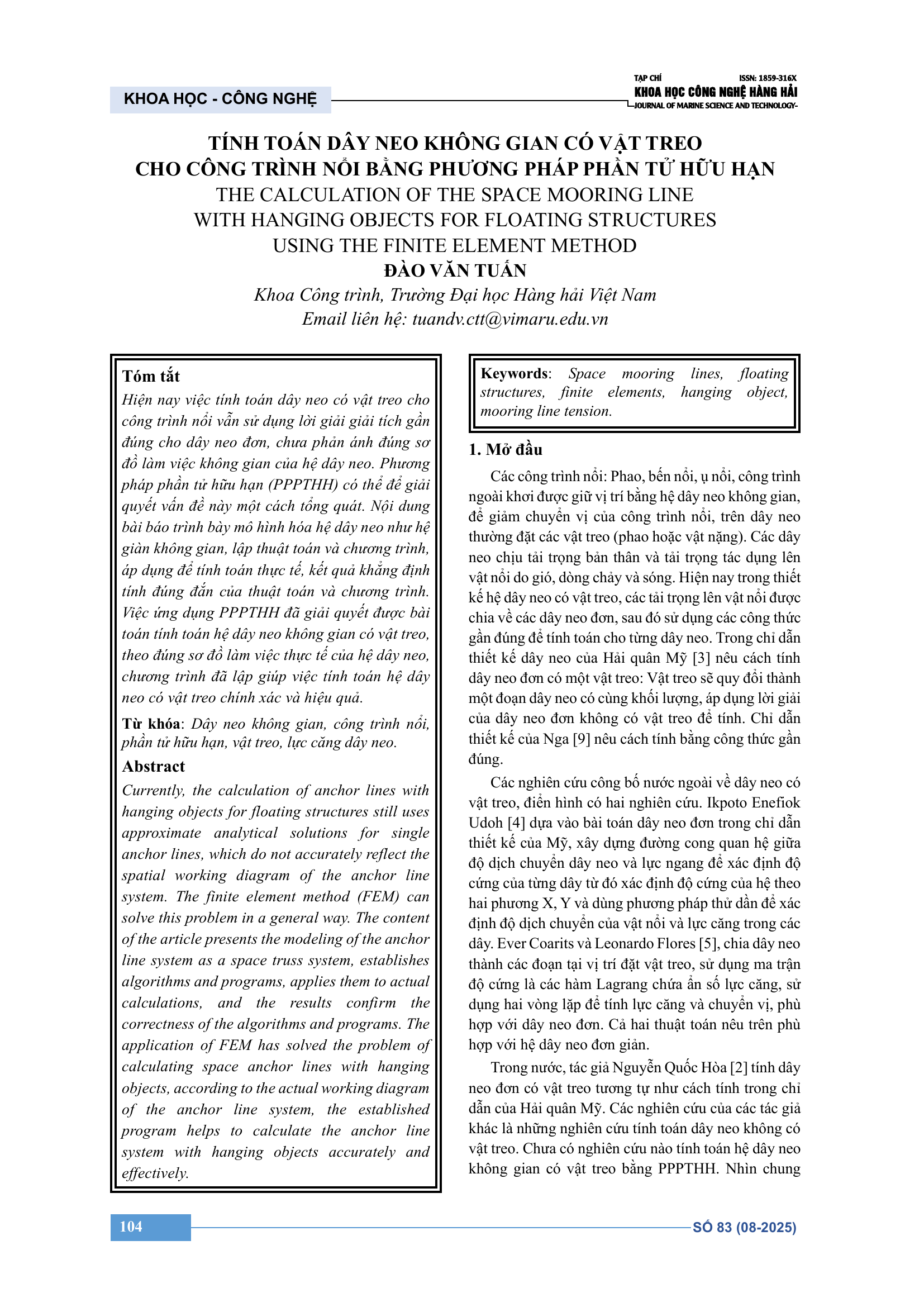 Tính toán dây neo không gian có vật treo cho công trình nổi bằng phương pháp phần tử hữu hạn