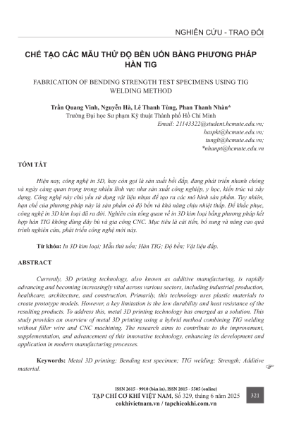 Chế tạo các mẫu thử độ bền uốn bằng phương pháp hàn TIG