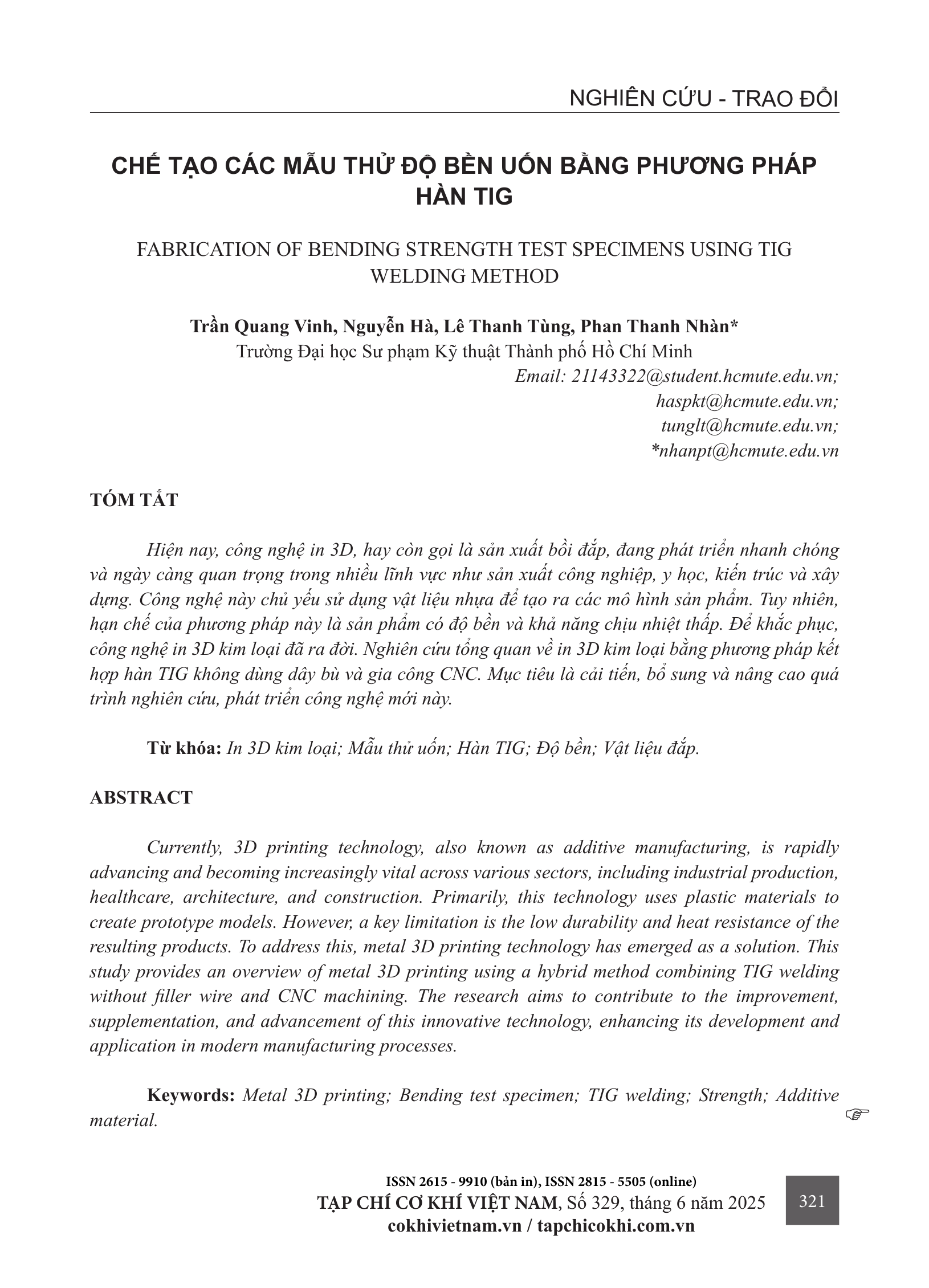 Chế tạo các mẫu thử độ bền uốn bằng phương pháp hàn TIG