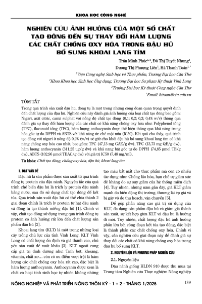 Nghiên cứu ảnh hưởng của một số chất tạo đông đến sự thay đổi hàm lượng các chất chống oxy hóa trong đậu hũ bổ sung khoai lang tím