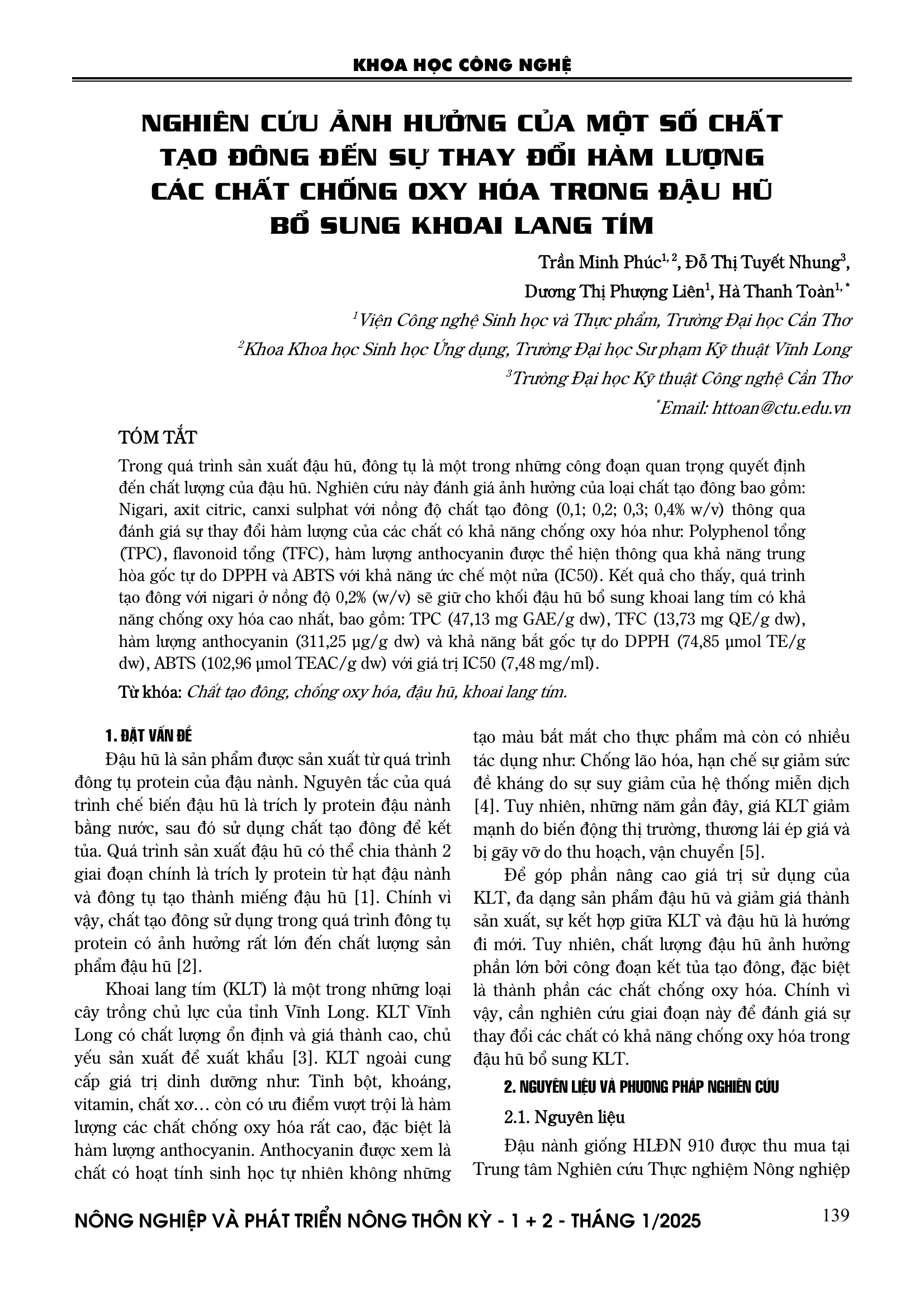Nghiên cứu ảnh hưởng của một số chất tạo đông đến sự thay đổi hàm lượng các chất chống oxy hóa trong đậu hũ bổ sung khoai lang tím