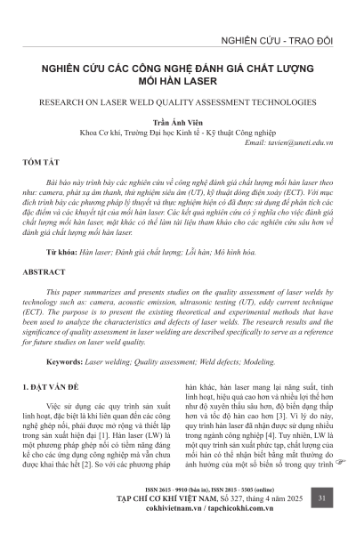 Nghiên cứu các công nghệ đánh giá chất lượng mối hàn laser
