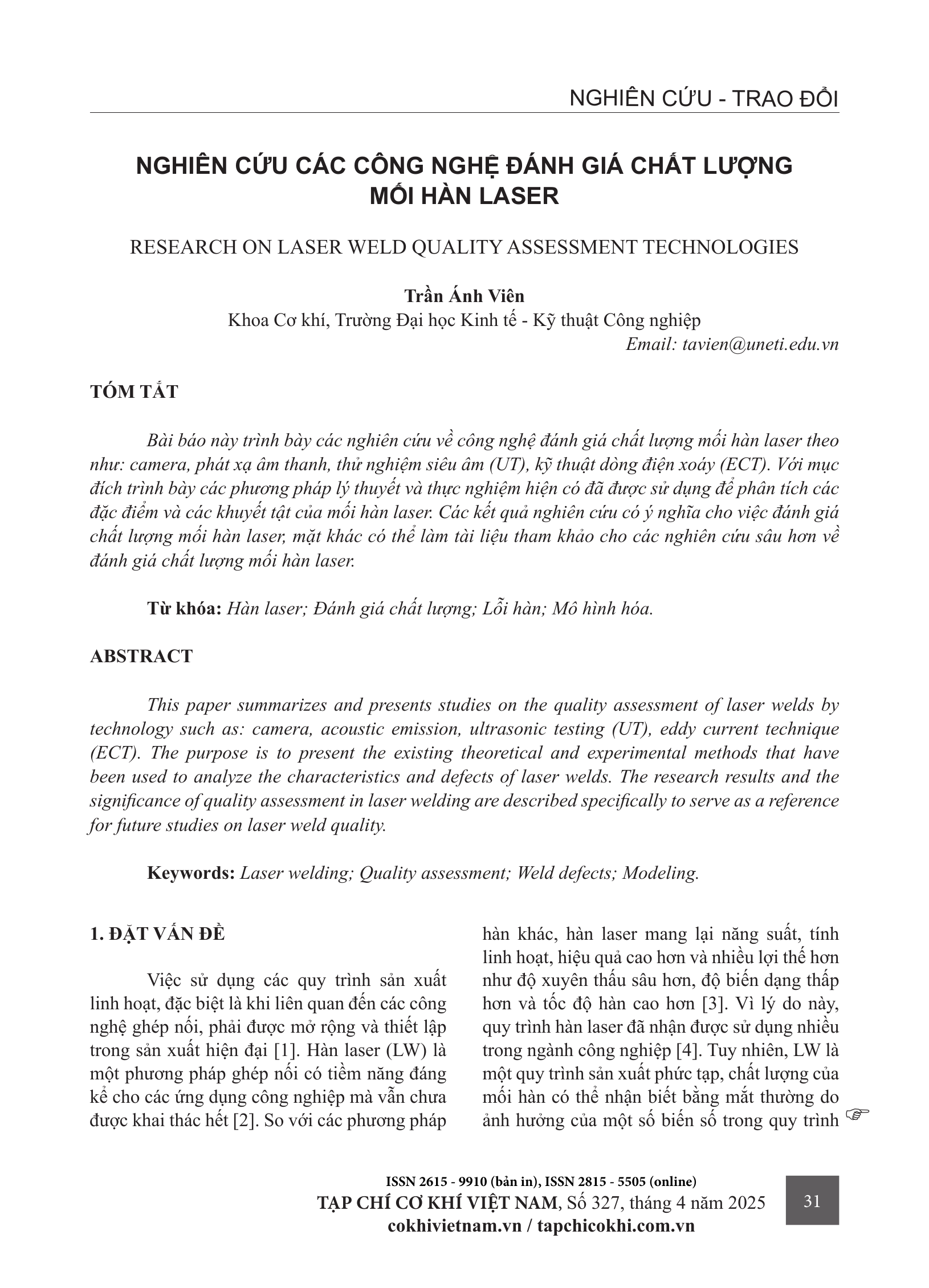 Nghiên cứu các công nghệ đánh giá chất lượng mối hàn laser