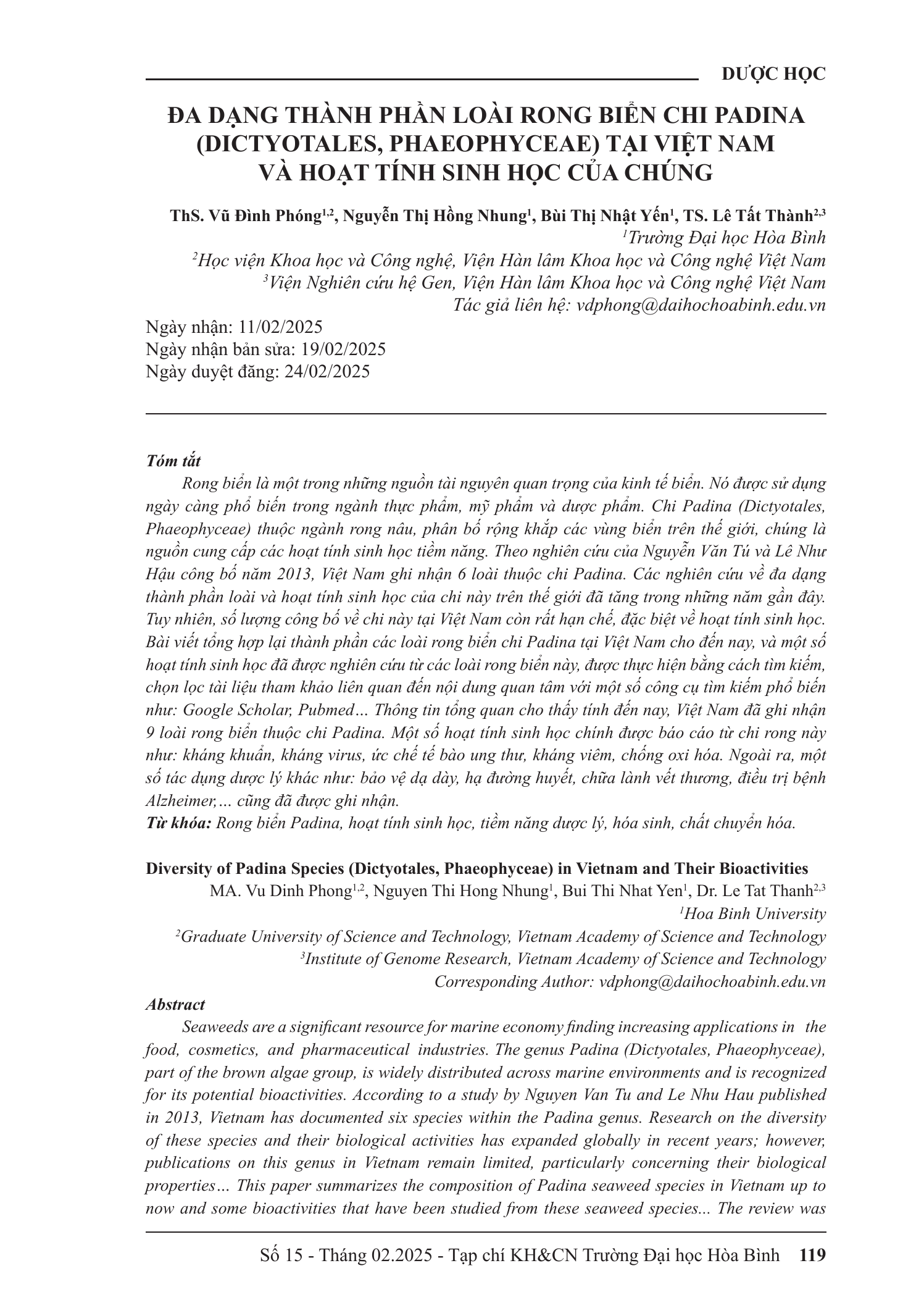 Đa dạng thành phần loài rong biển chi Padina (Dictyotales, Phaeophyceae) tại Việt Nam và hoạt tính sinh học của chúng