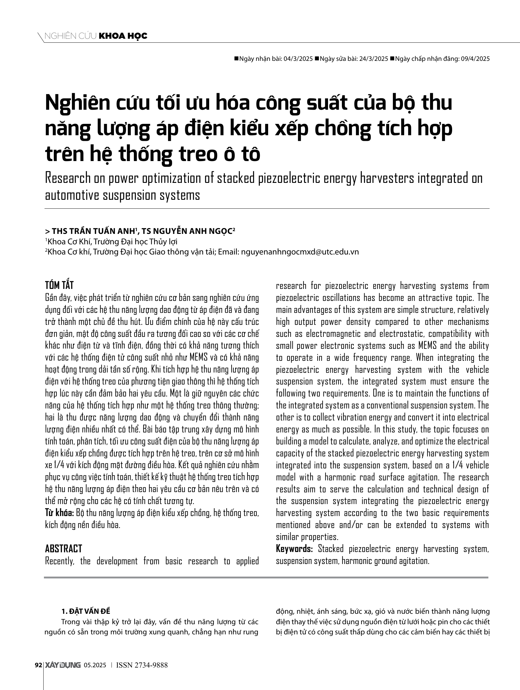 Nghiên cứu tối ưu hóa công suất của bộ thu năng lượng áp điện kiểu xếp chồng tích hợp trên hệ thống treo ô tô