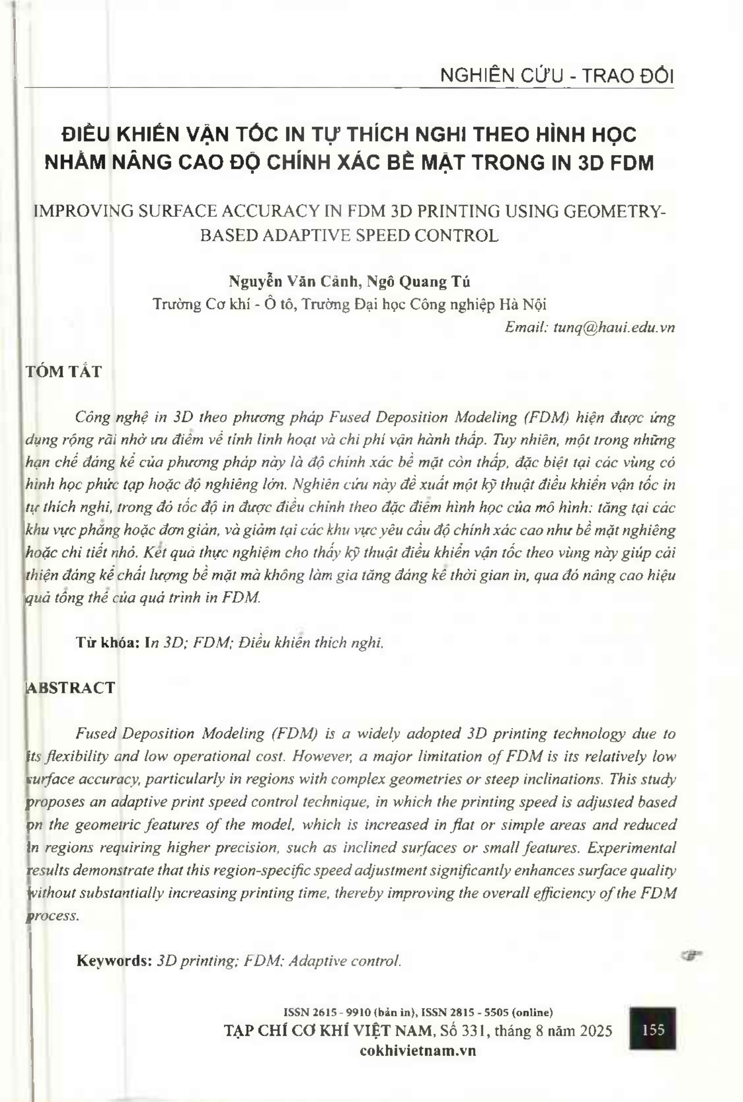 Điều khiển vận tốc in tự thích nghi theo hình học nhằm nâng cao độ chính xác bề mặt trong in 3D FDM