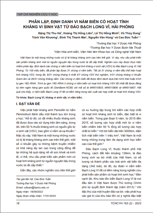 Phân lập, định danh vi nấm biển có hoạt tính kháng vi sinh vật từ đảo Bạch Long Vĩ, Hải Phòng